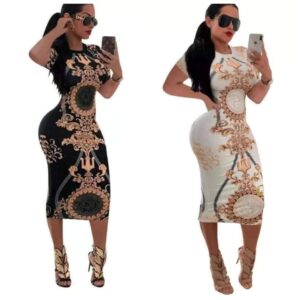 Rochie Tip Creion Mulată cu Imprimeu Baroc Auriu - Disponibilă pe Negru și Alb