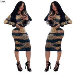 Rochie Midi Mulată cu Imprimeu Baroc Auriu, cu Fermoar și Mâneci Lungi