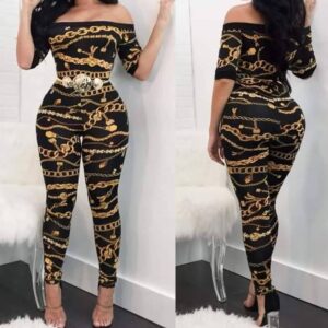 Salopetă Elegantă Bodycon cu Imprimeu Lanțuri Aurii