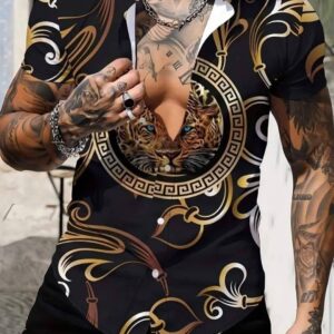 Cămașă casual de bărbați, cu mânecă scurtă, cu imprimeu auriu și negru, tip baroc/Versace-style.