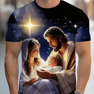 este următoarea:
​Este un tricou pentru bărbați, cu mânecă scurtă, pe care este imprimată o scenă religioasă, ilustrând Nașterea Domnului.