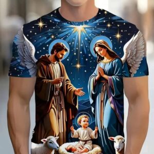 Acesta este un tricou pentru bărbați cu un imprimeu grafic detaliat pe toată suprafața, care ilustrează scena Nașterii Domnului (scena Crăciunului) în stil artistic.