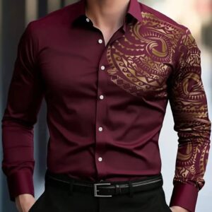 Cămașă bărbătească grena cu model tribal auriu pe brațul stâng