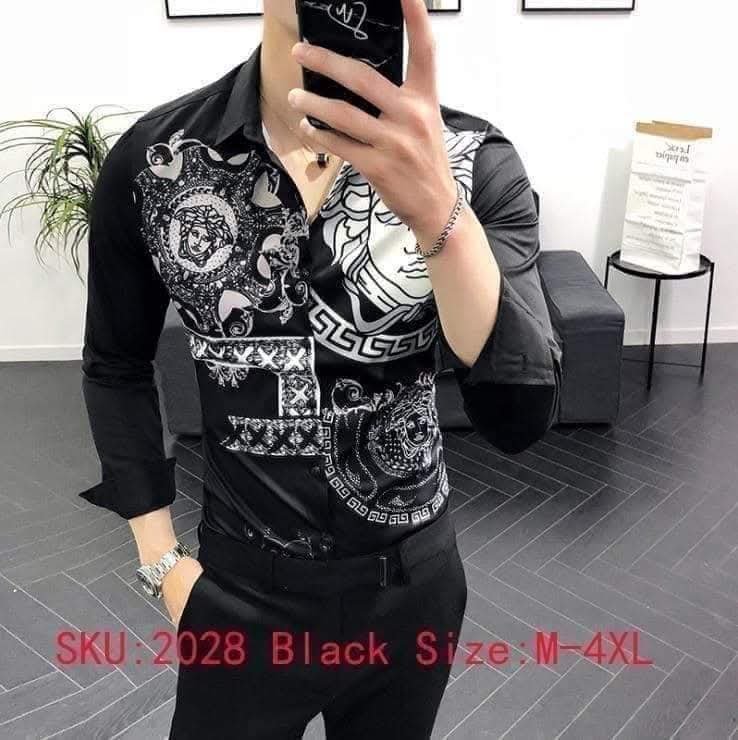 Cămașă Bărbați Luxury Slim-Fit cu Imprimeu Grecesc/Baroc Alb-Negru