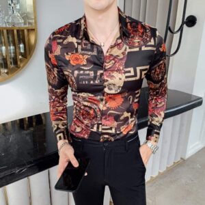 Cămașă elegantă de club, satinată, cu mânecă lungă, imprimeu dragoni și flori